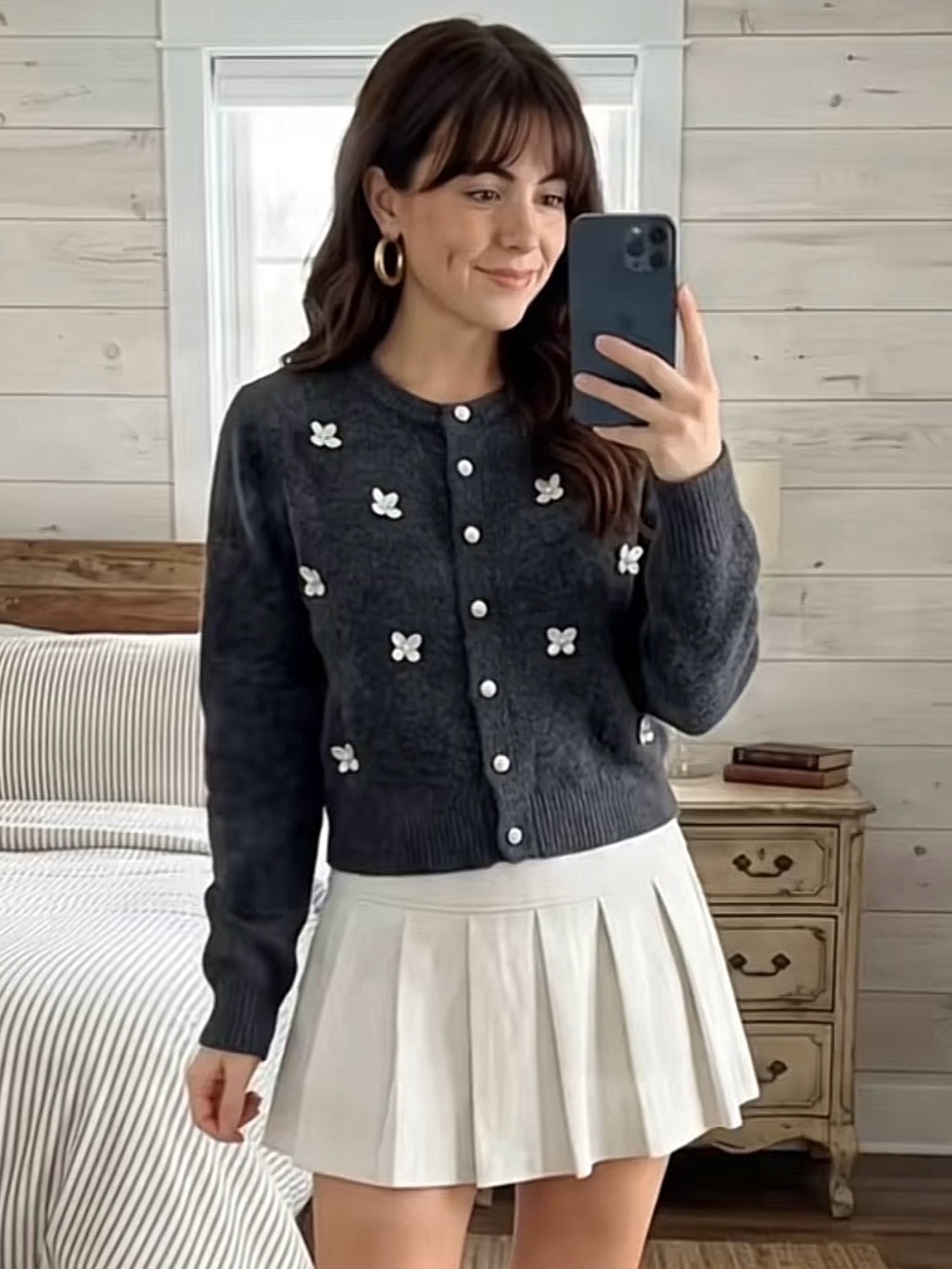 Charcoal Flower-Appliqué Button Cardigan Sweater - Charcoal XL